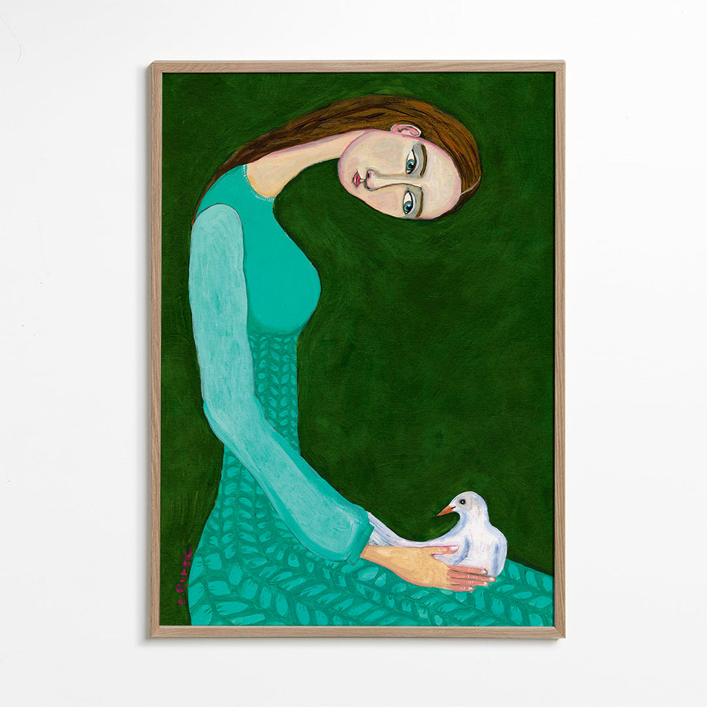 Lady sitting with white dove bird woman