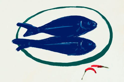 Arte para cozinha: peixes azuis e malaguetas