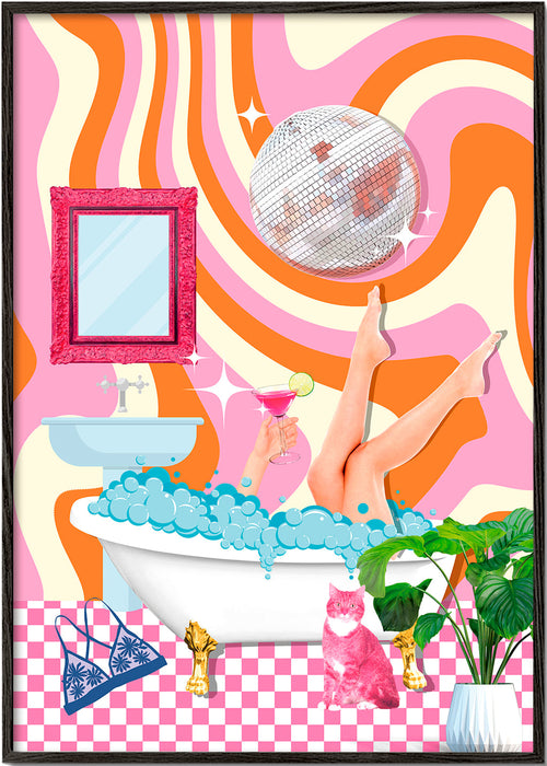 Ilustração pop com banheira e bola de discoteca
