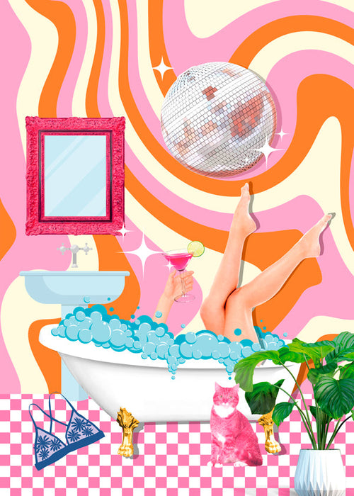 Ilustração pop com banheira e bola de discoteca