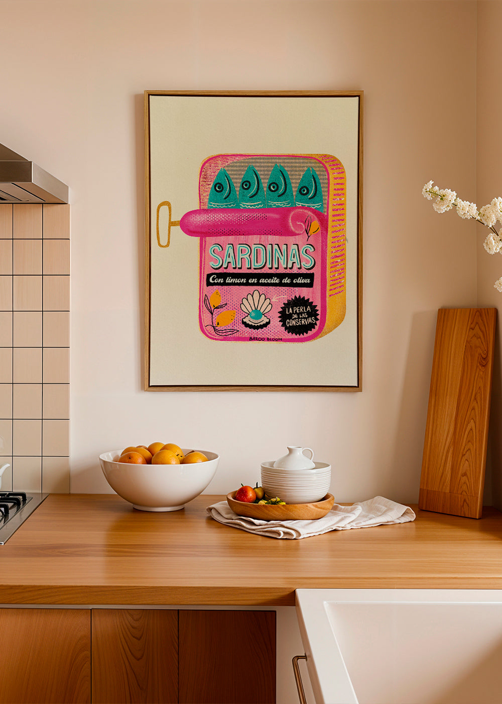 Arte para cozinha com lata de sardinhas ilustrada