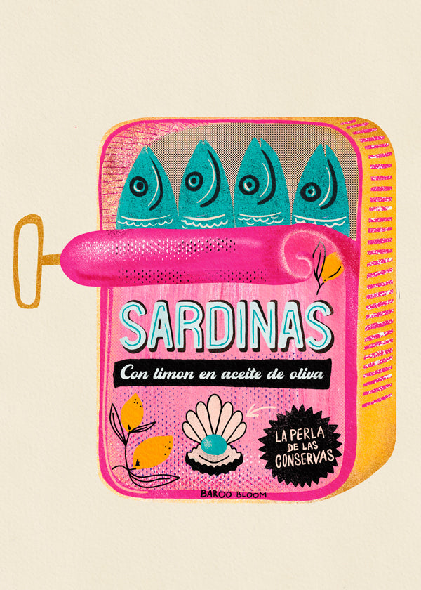 Arte para cozinha com lata de sardinhas ilustrada