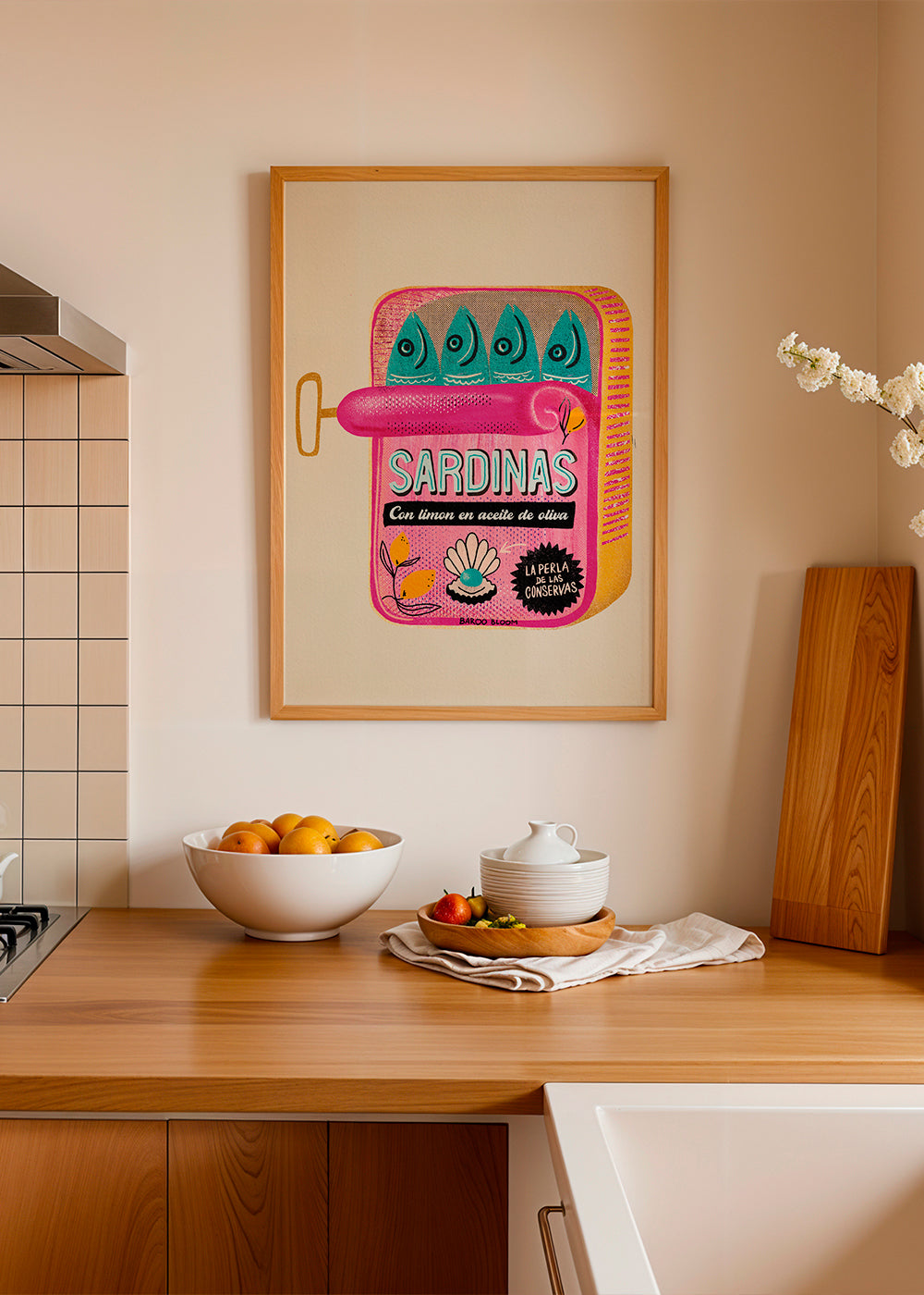 Arte para cozinha com lata de sardinhas ilustrada