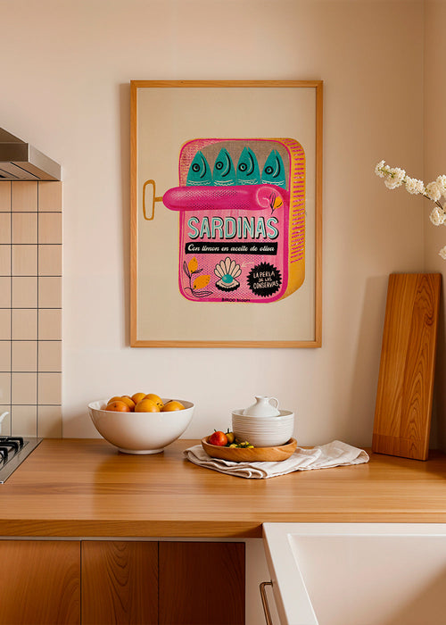 Arte para cozinha com lata de sardinhas ilustrada