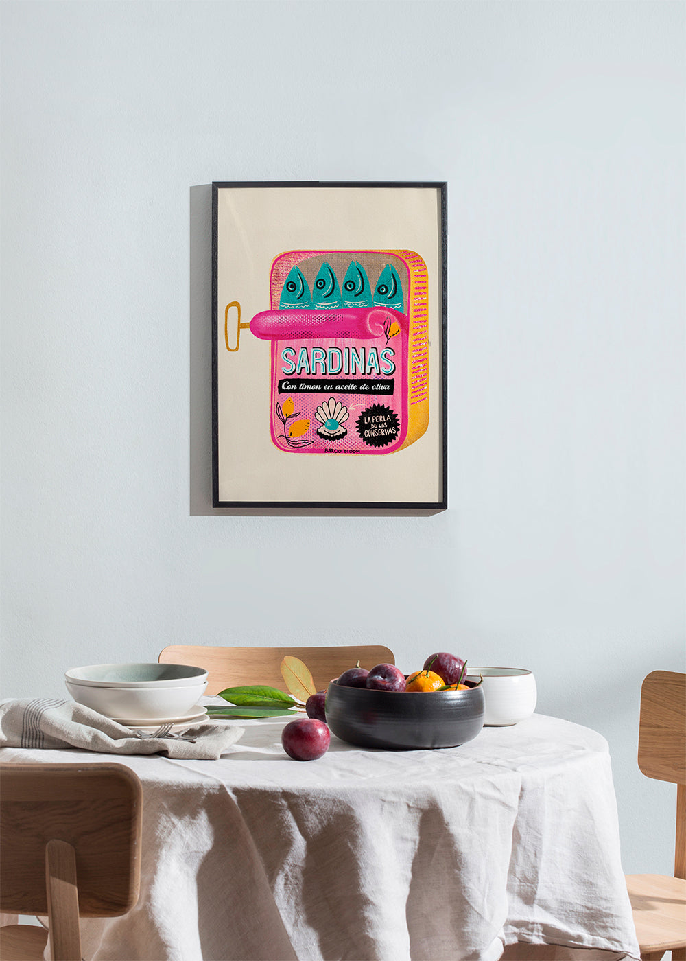 Arte para cozinha com lata de sardinhas ilustrada