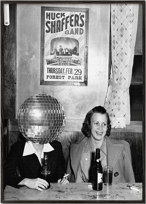 Fotografia vintage de casal com cabeça de disco