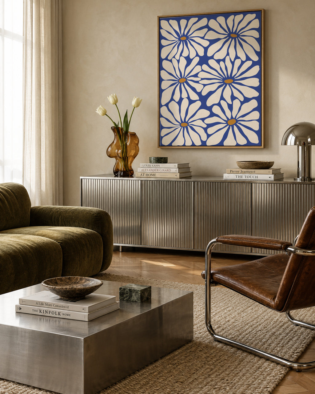 Sunny Floral Blue - Framed canvas in an interior
