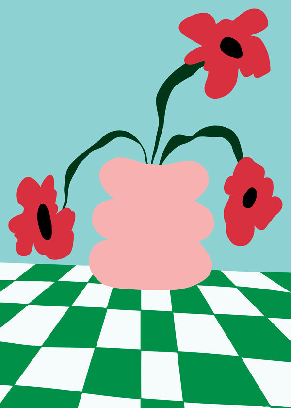 Estampa botânica com flores em vaso rosa