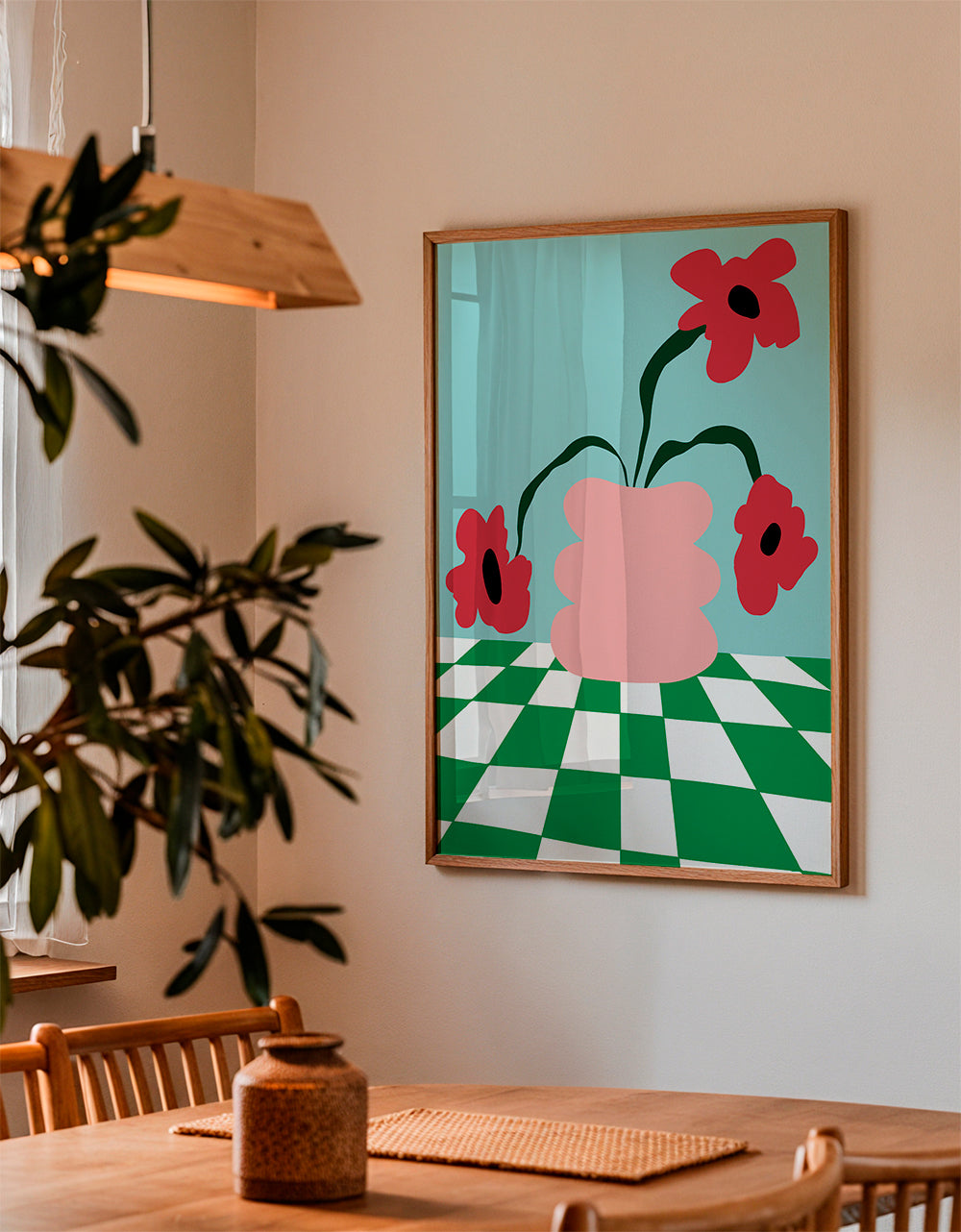 Estampa botânica com flores em vaso rosa