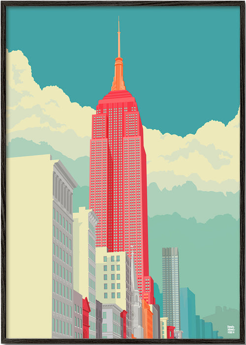 Arte de cidade com arranha-céu vermelho