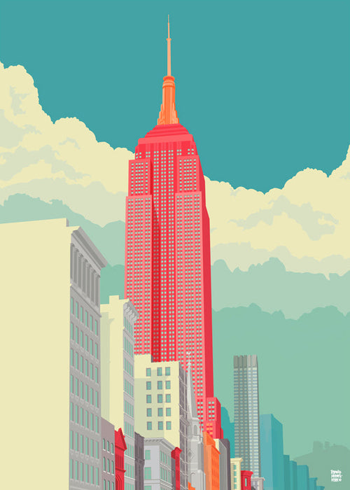 Arte de cidade com arranha-céu vermelho