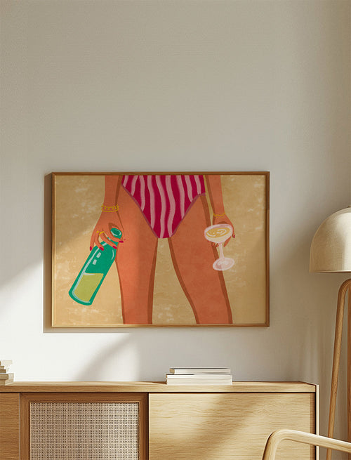 Ilustração de mulher com vinho na praia