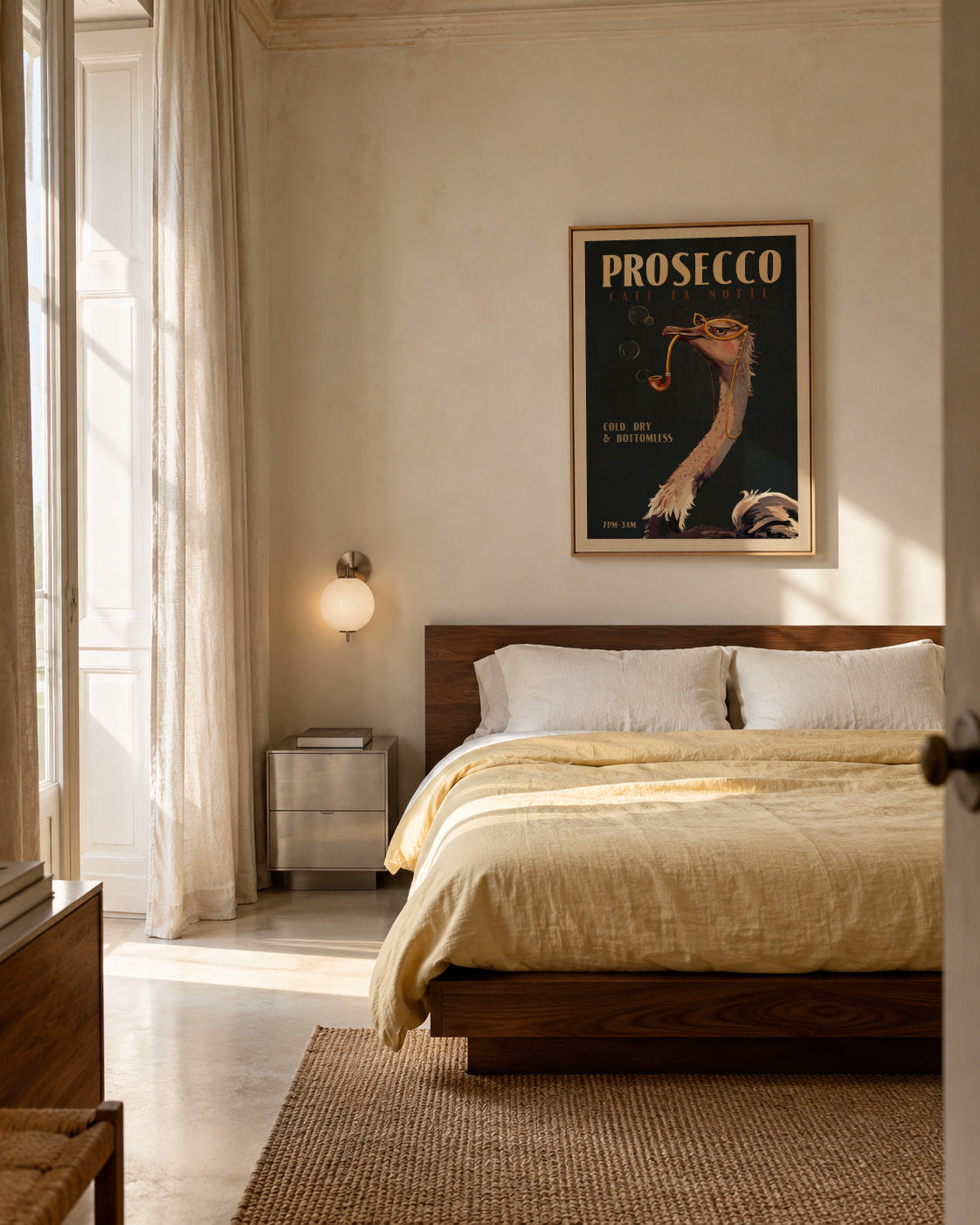 Cute Art Deco Prosecco Poster Of An Ostrich - Framed canvas in an interior