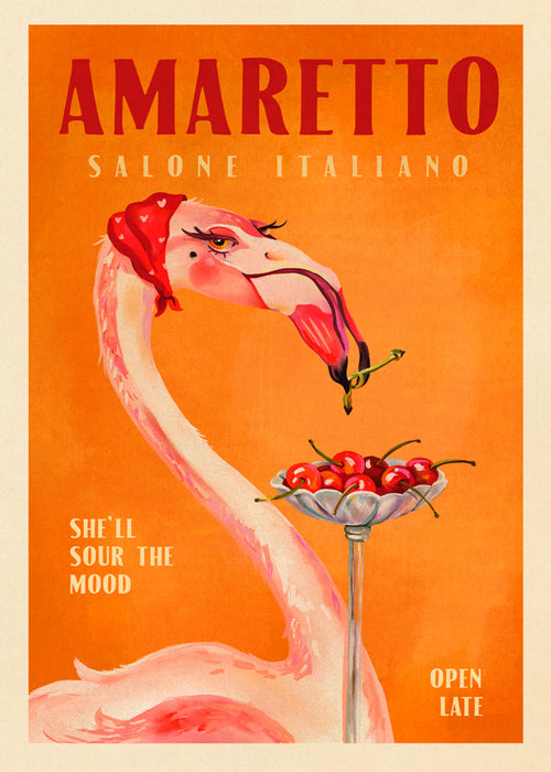 Arte para cozinha vintage com flamingo e cocktail