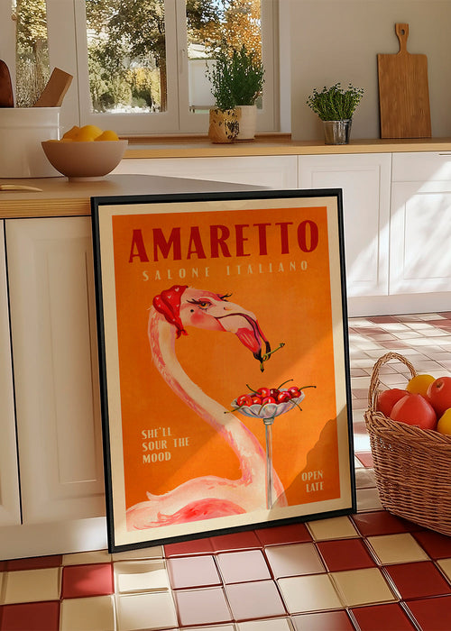 Arte para cozinha vintage com flamingo e cocktail