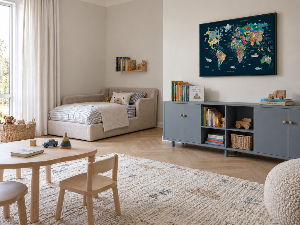 Educational Illustrated Map of the World for Kids - Framed canvas in an interior