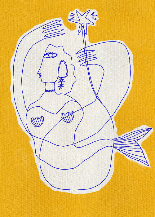Ilustração sereia linha azul em amarelo