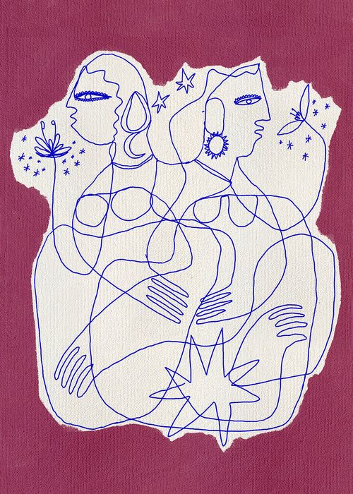 Ilustração linear de duas figuras em papel rasgado