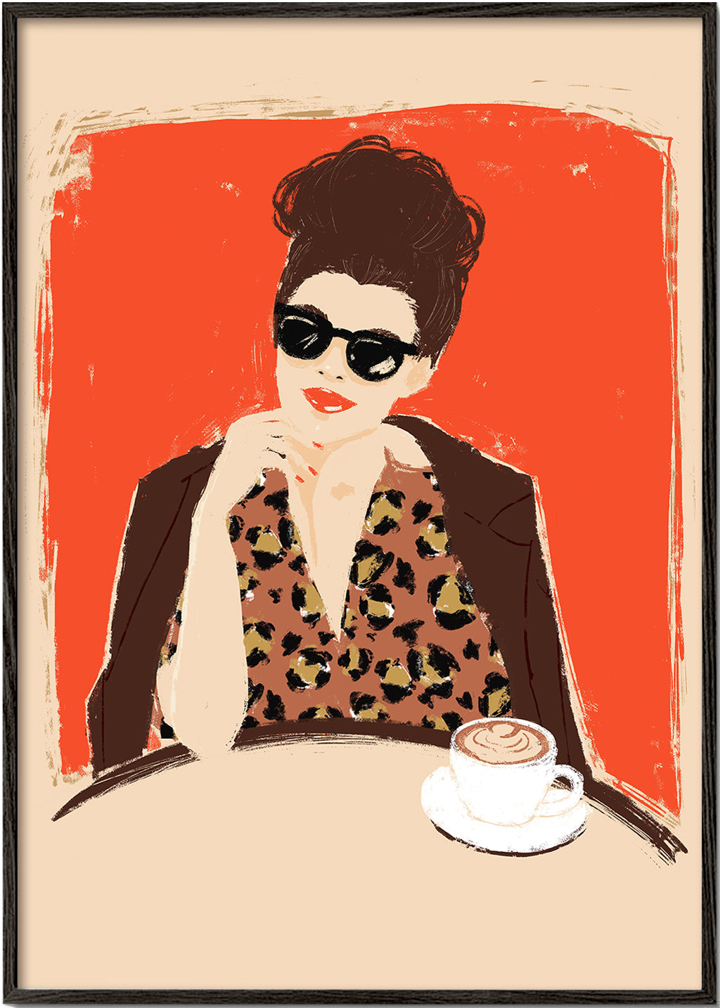 Arte para cozinha: mulher no café com padrão de leopardo