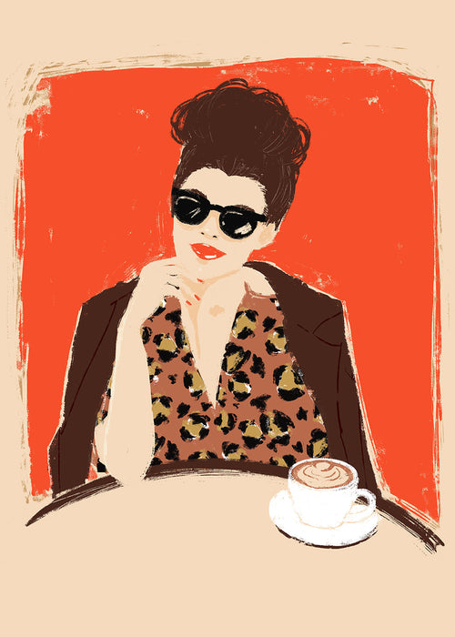Arte para cozinha: mulher no café com padrão de leopardo