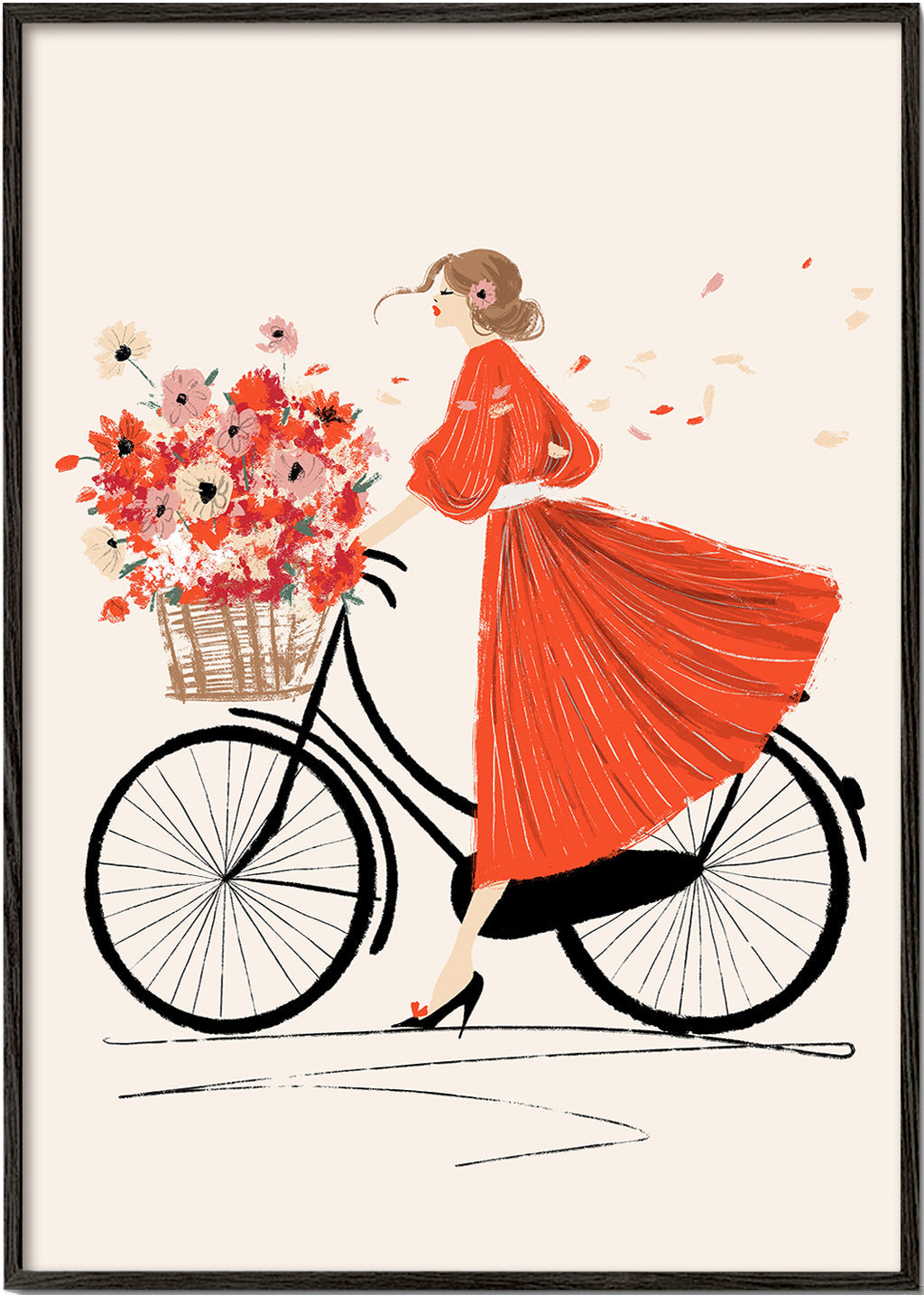 Ilustração: bicicleta com flores e vestido vermelho