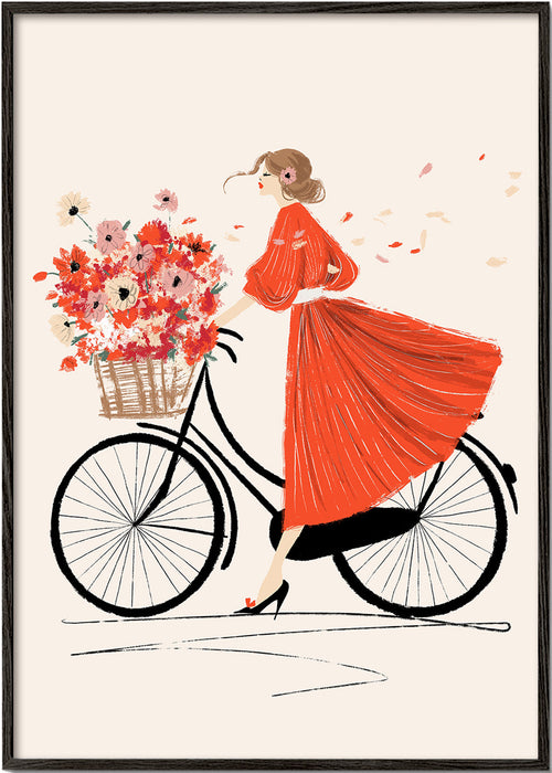Ilustração: bicicleta com flores e vestido vermelho