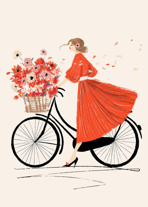 Ilustração: bicicleta com flores e vestido vermelho