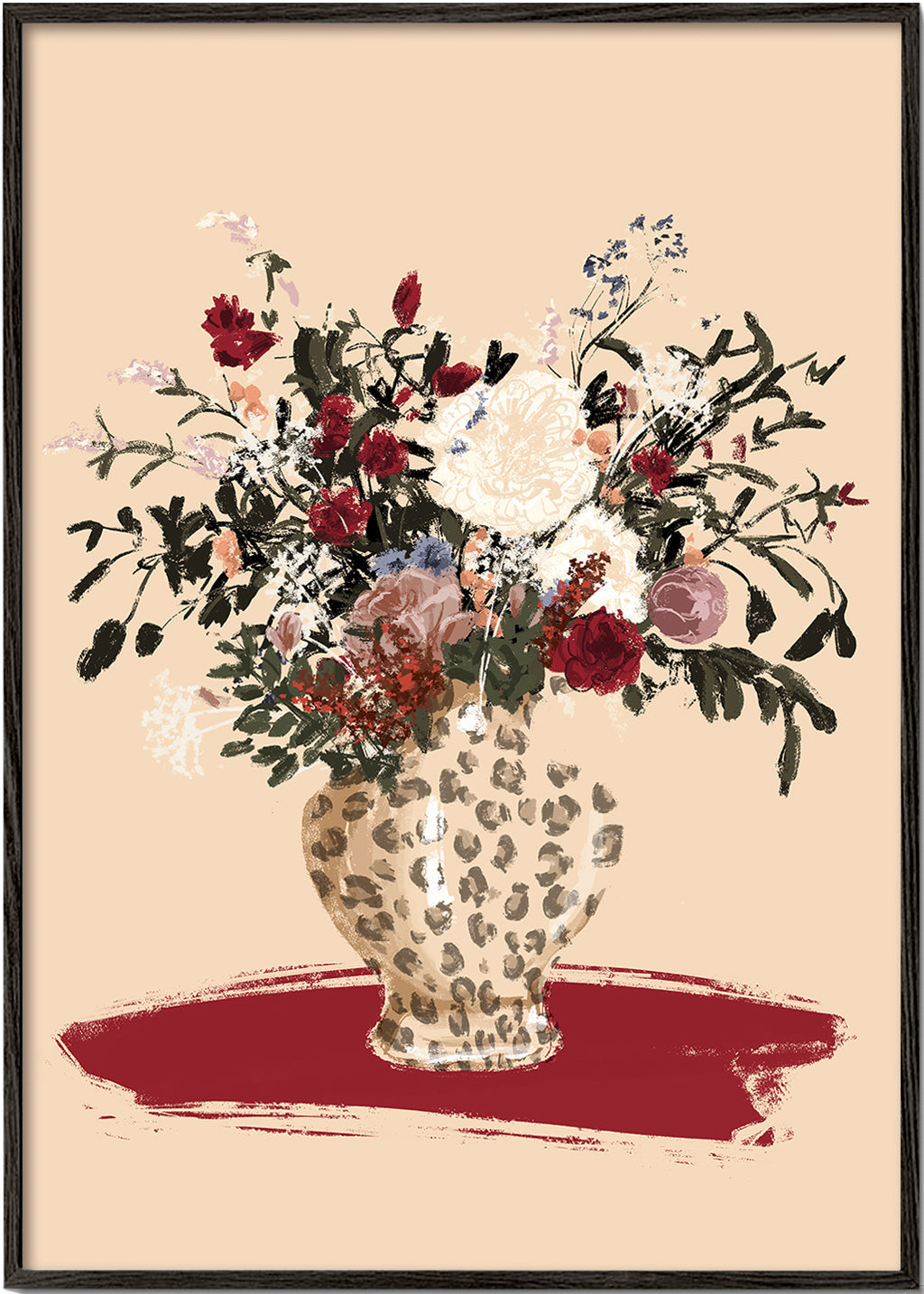 Estampa botânica: vaso leopardo com bouquet colorido