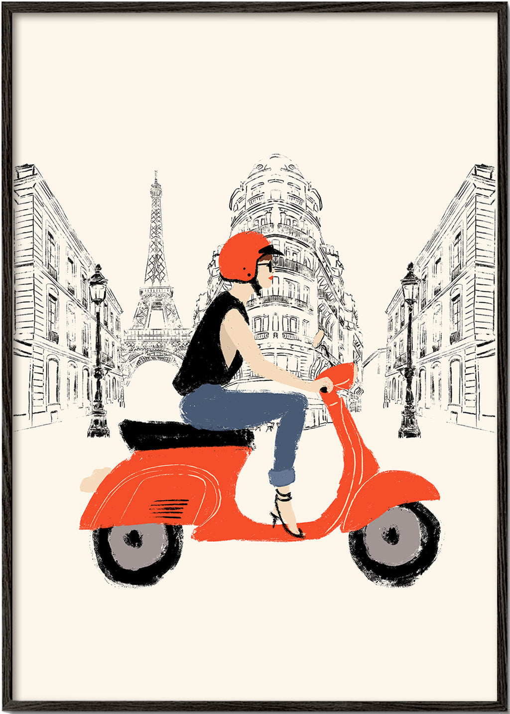 Poster de viagem com scooter vermelho em Paris