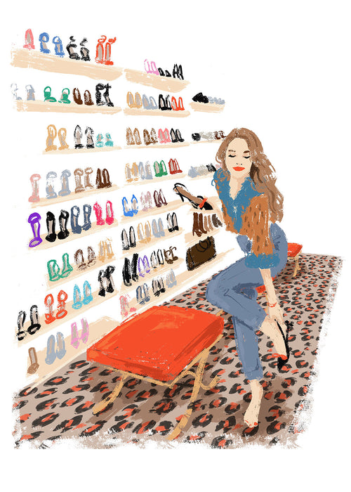 Ilustração de loja de sapatos com tapete estampado