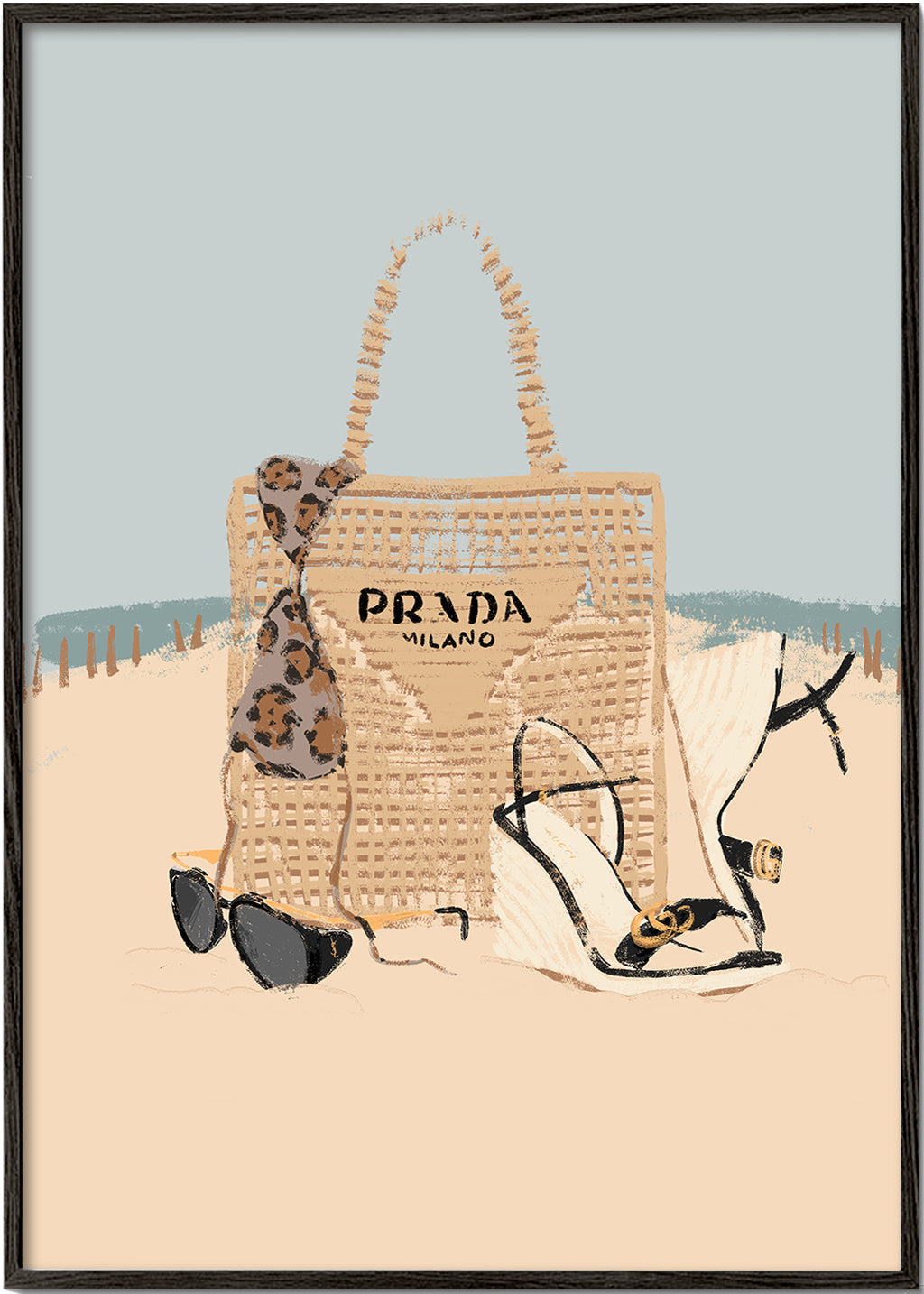 Arte de paisagem com bolsa de praia e sandálias