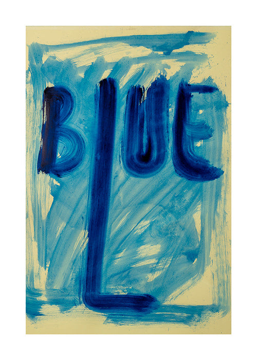 Obra abstrata com tipografia azul pintada à mão