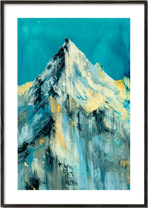 Quadro de paisagem com pico nevado e tons turquesa – Black Frame