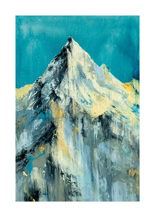 Quadro de paisagem com pico nevado e tons turquesa