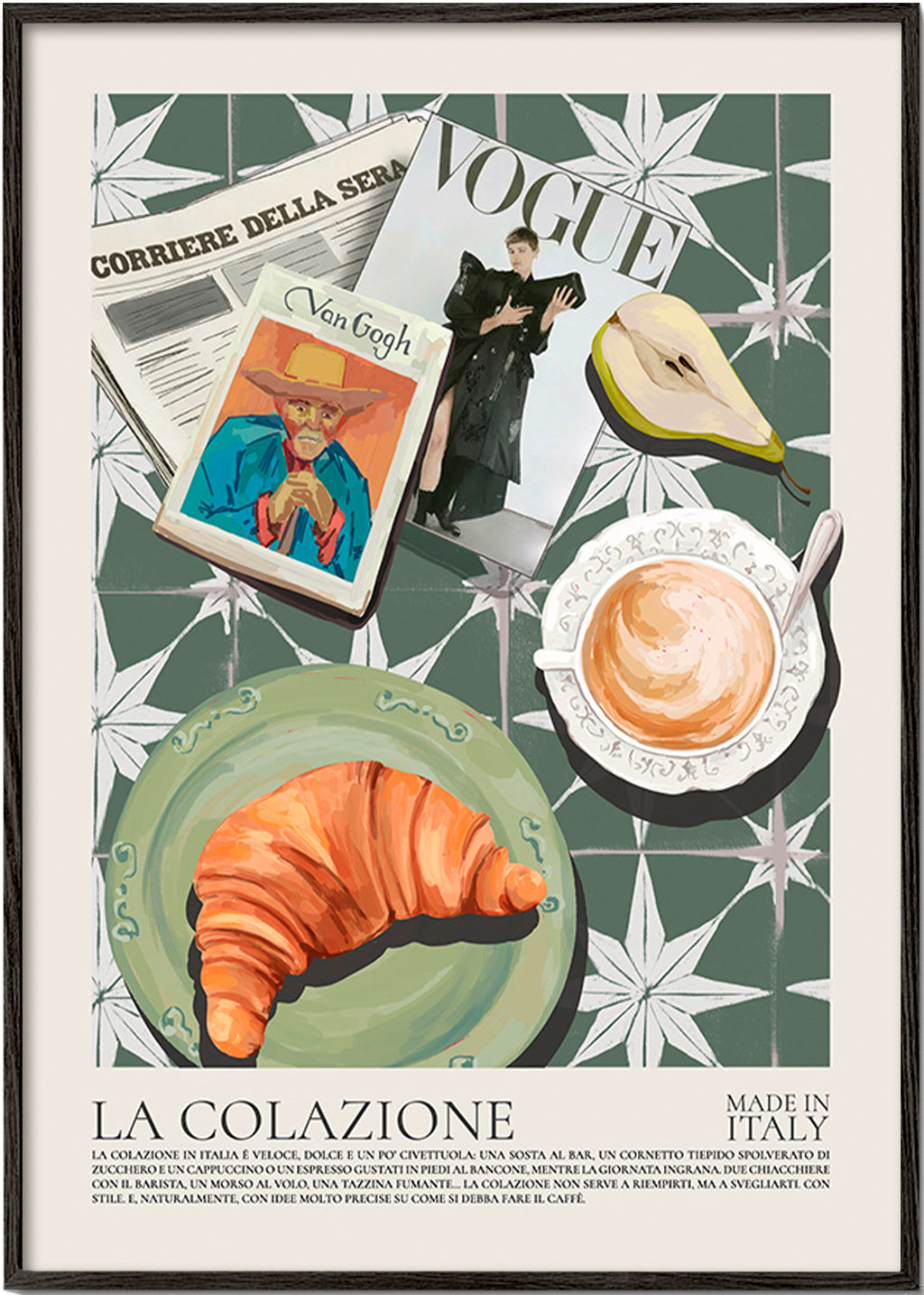 Arte para cozinha com croissant e revista