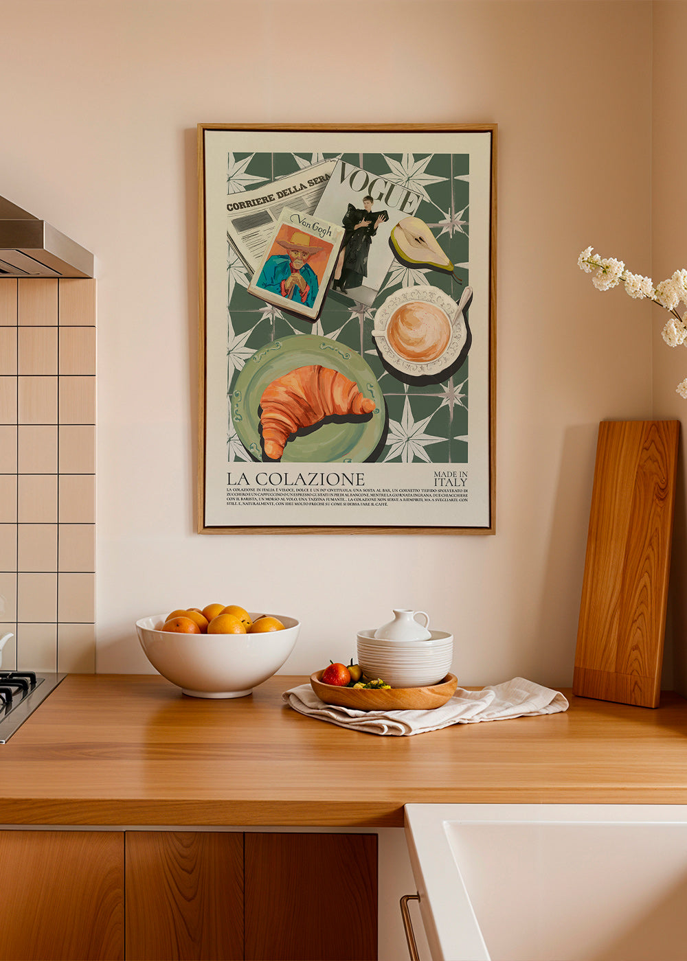 Arte para cozinha com croissant e revista