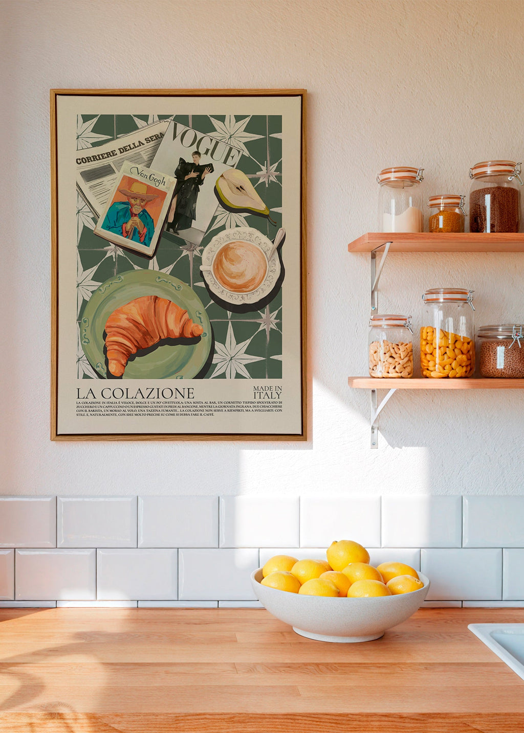 Arte para cozinha com croissant e revista