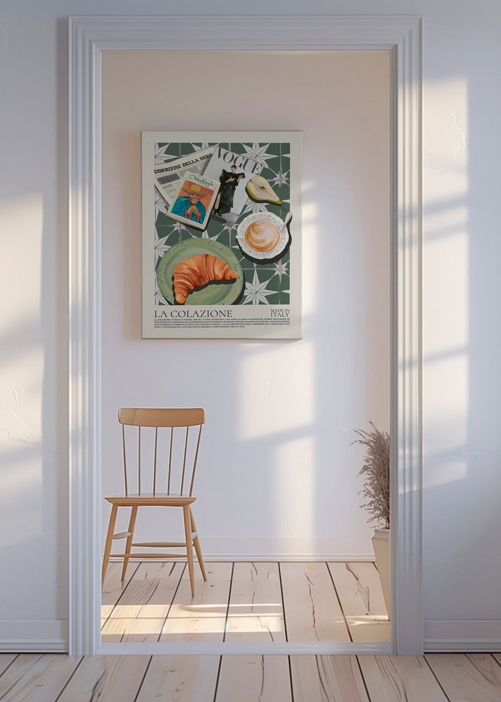 Arte para cozinha com croissant e revista