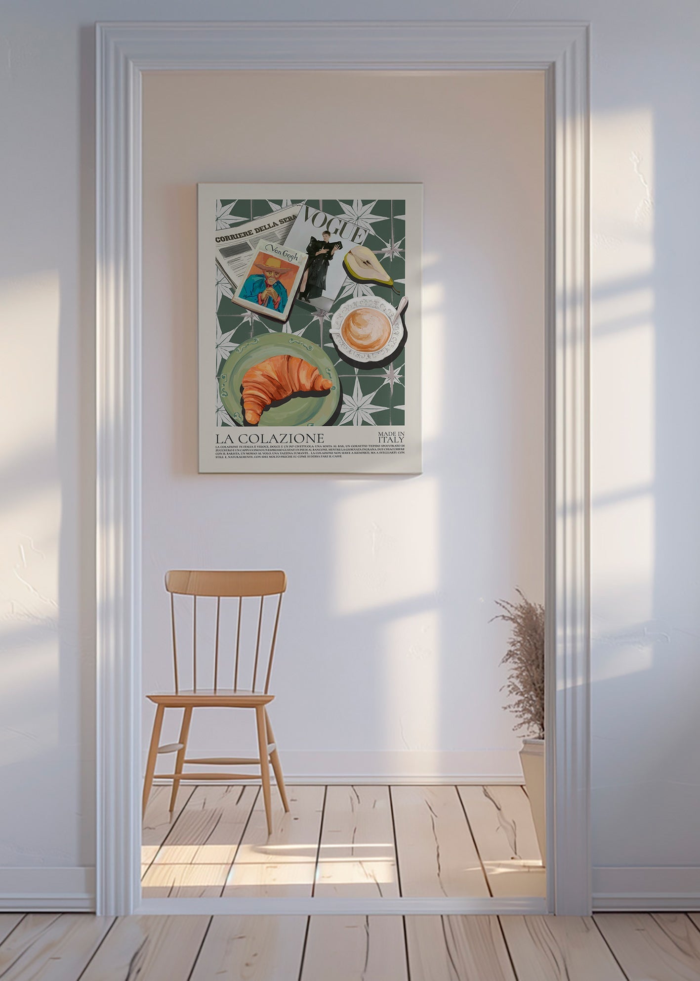 Arte para cozinha com croissant e revista