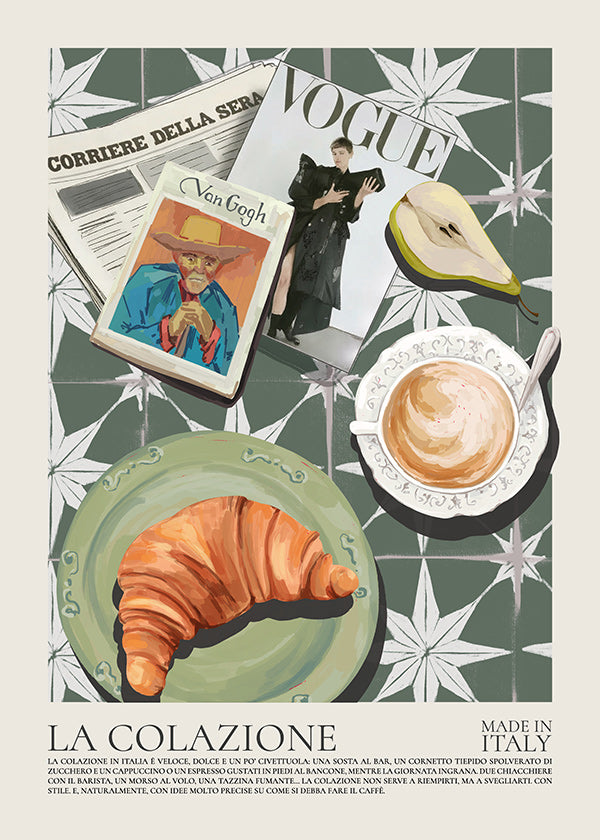 Arte para cozinha com croissant e revista