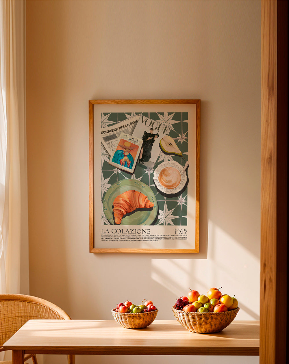 Arte para cozinha com croissant e revista
