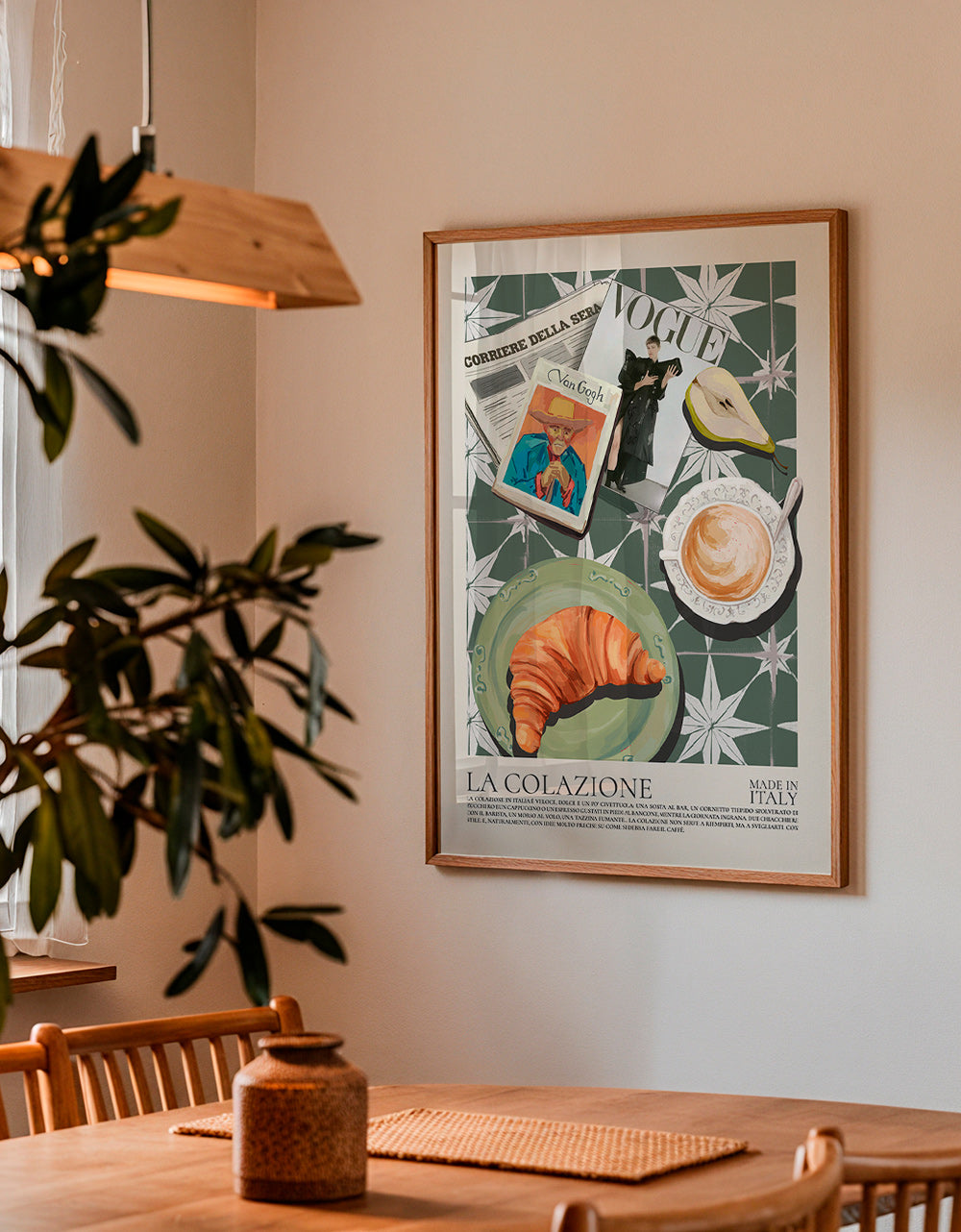 Arte para cozinha com croissant e revista