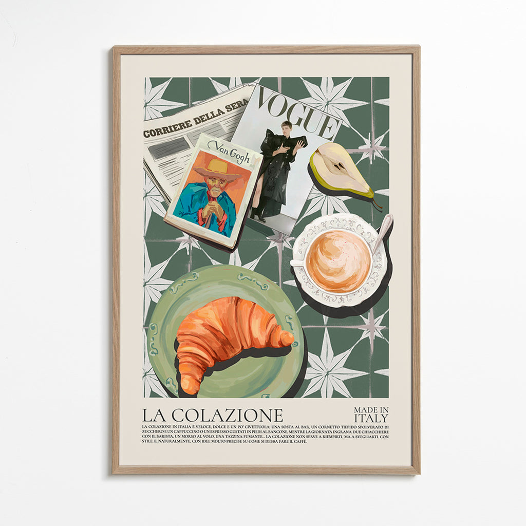 Arte para cozinha com croissant e revista