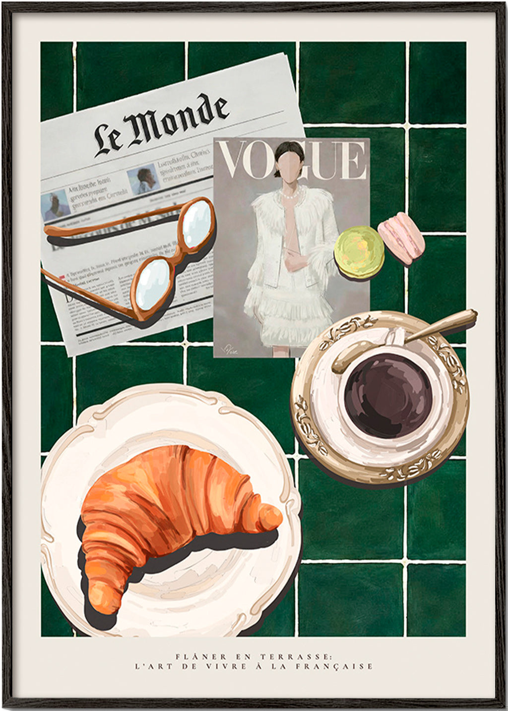 Arte para cozinha com croissant e café