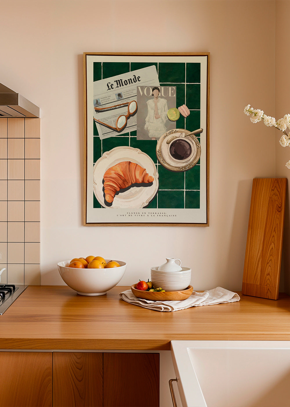 Arte para cozinha com croissant e café