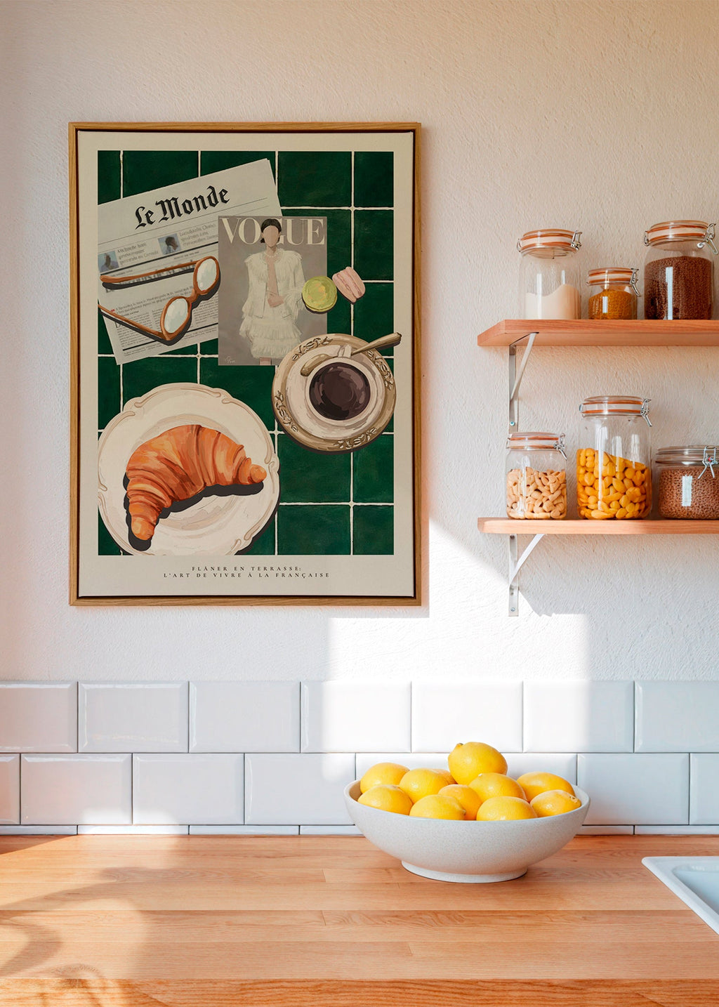 Arte para cozinha com croissant e café
