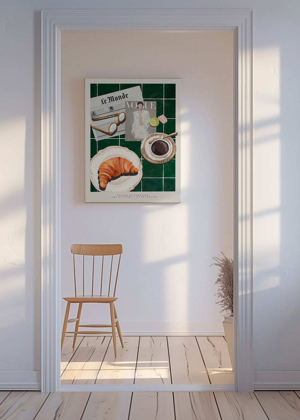 Arte para cozinha com croissant e café