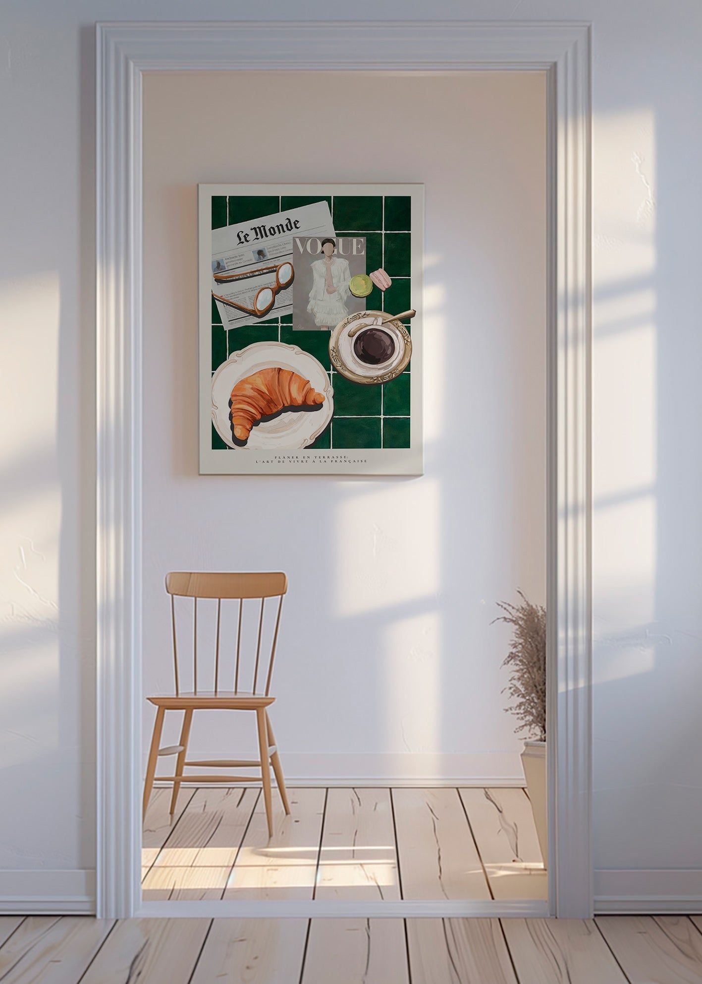 Arte para cozinha com croissant e café