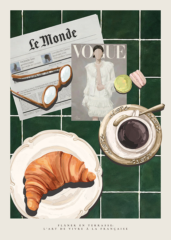 Arte para cozinha com croissant e café