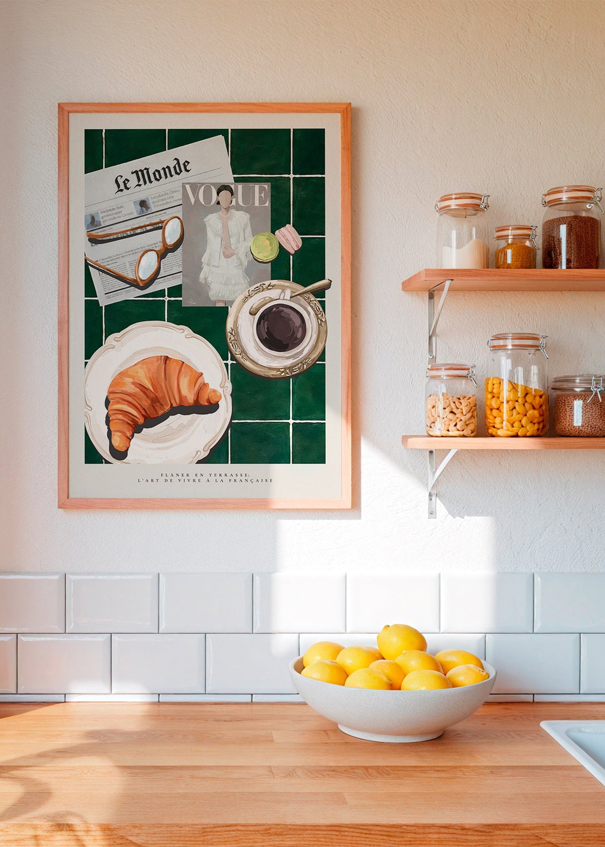 Arte para cozinha com croissant e café